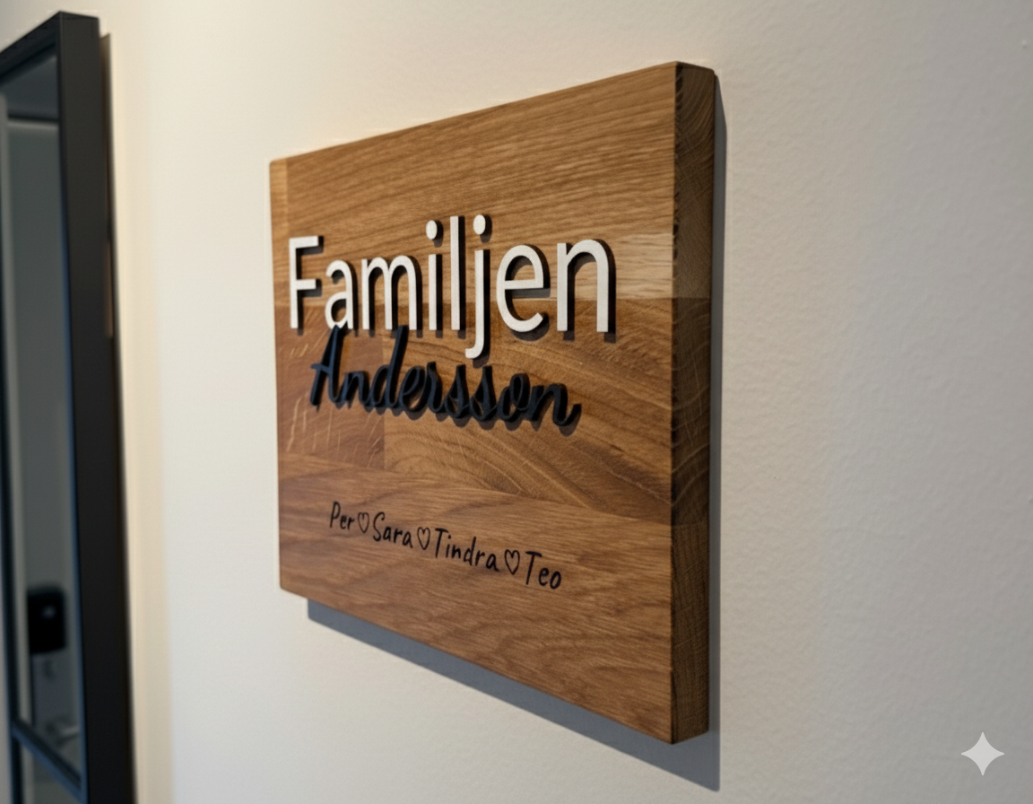 Personlig familjetavla i trä med namnet Familjen Andersson